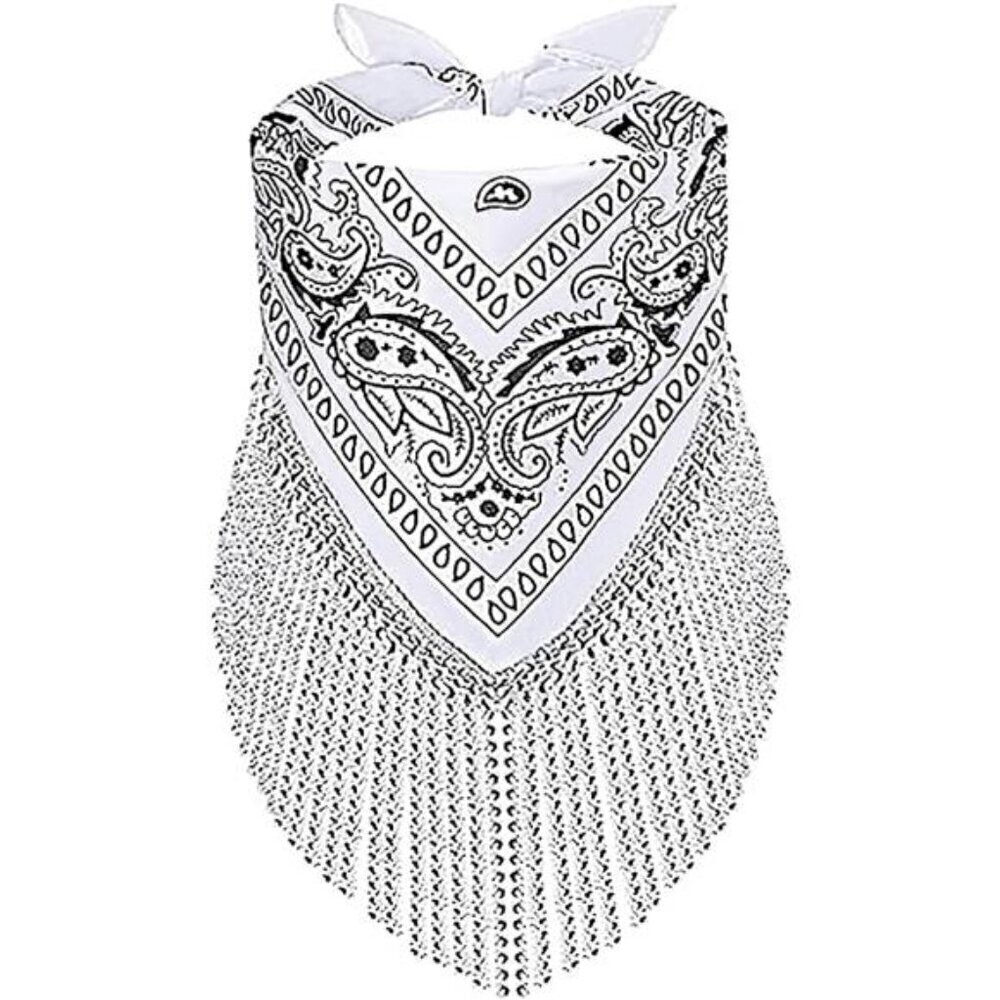 White Paisley Bandana Scarf with Rhinestone Fringe – Western Festival Accessory
